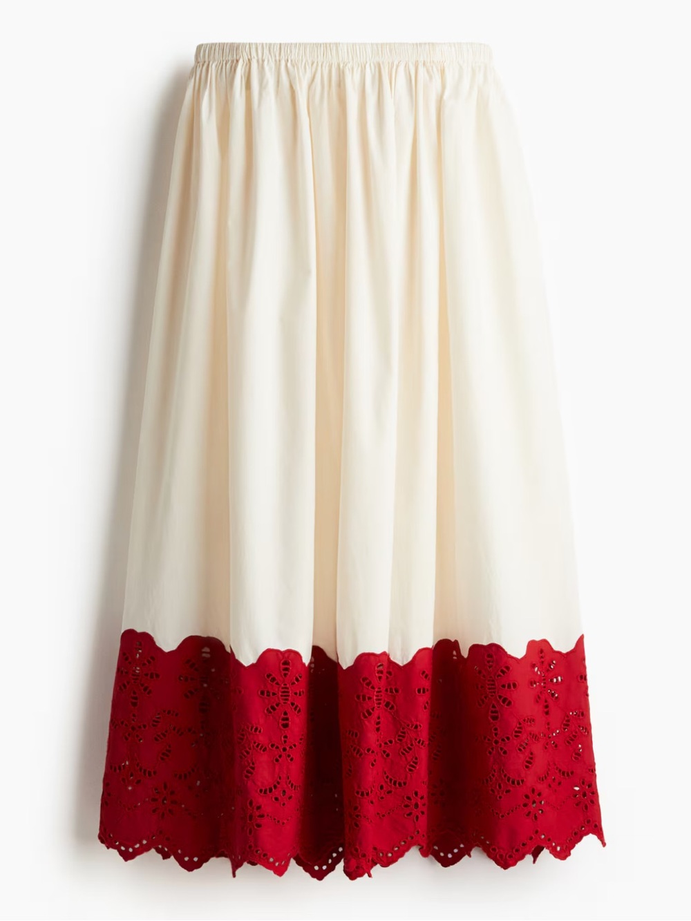 H&M NWT Cream Poplin Skirt with Red Eyelet Embroidered